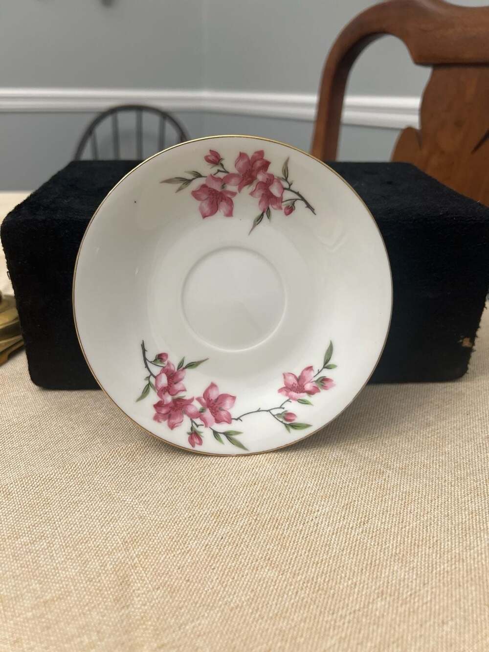 Vintage Chinese Porcelain Pink Floral Saucer with Gold Trim 4.75"